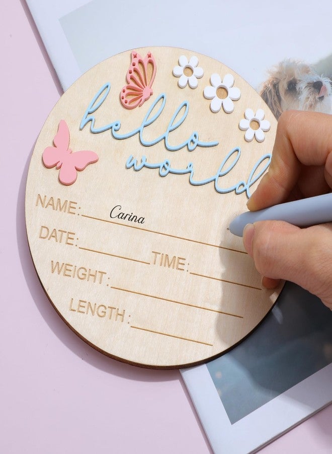 Ajcotahm Hello World Newborn Sign, 5.9 Inch Wooden Baby Announcement Sign Pink Butterfly Style Birth Welcome Board for Newborn Boys Girls Photo Props Baby Shower Hospital Nursery - Image 5